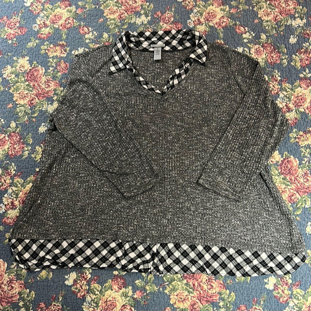 Catherine’s 3x black and white two layer look shirt.